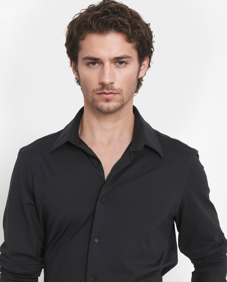 Rare Rabbit Men's Flyknit Black Cotton Plain Regular Fit Full Sleeve Collared Shirt