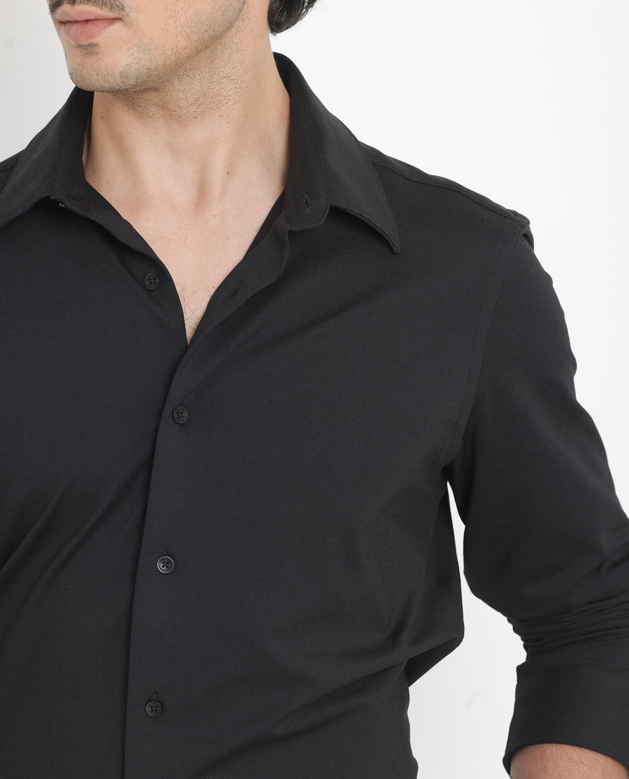 Rare Rabbit Men's Flyknit Black Cotton Plain Regular Fit Full Sleeve Collared Shirt