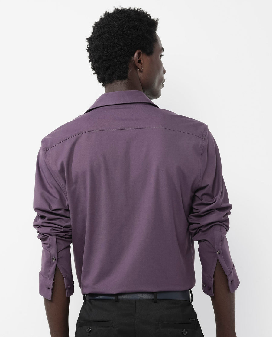 Rare Rabbit Men's Flyknit Dark Purple Cotton Plain Regular Fit Full Sleeve Collared Shirt