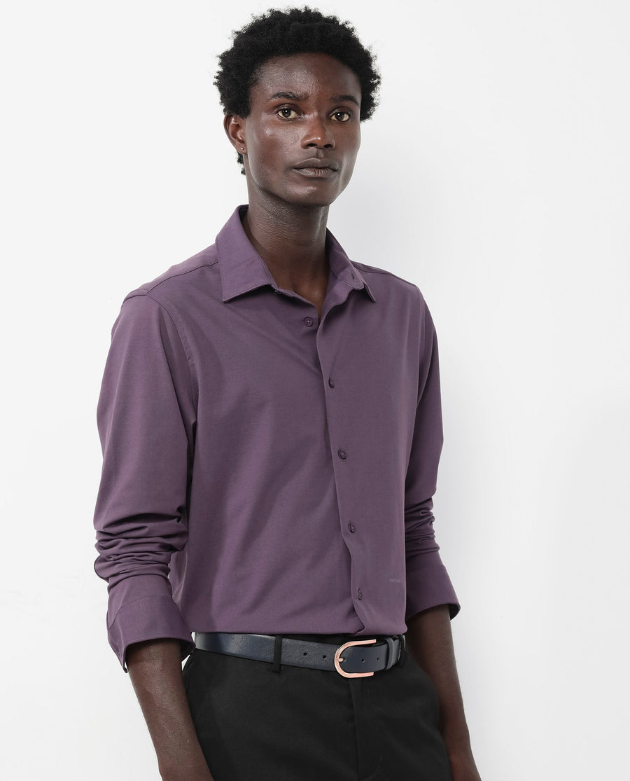 Rare Rabbit Men's Flyknit Dark Purple Cotton Plain Regular Fit Full Sleeve Collared Shirt