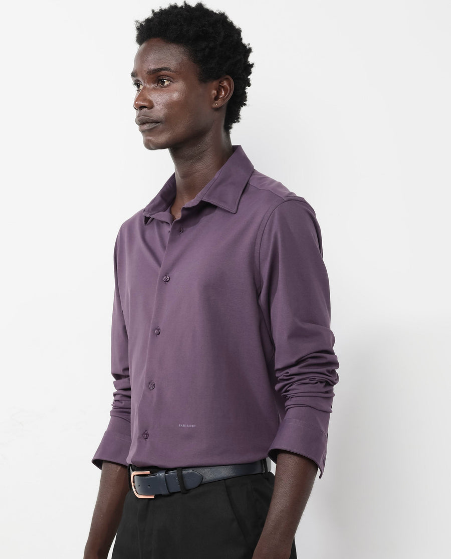 Rare Rabbit Men's Flyknit Dark Purple Cotton Plain Regular Fit Full Sleeve Collared Shirt