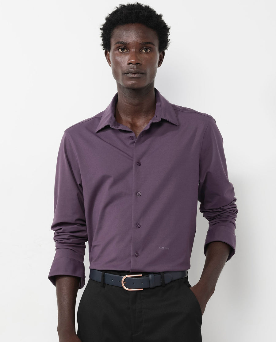 Rare Rabbit Men's Flyknit Dark Purple Cotton Plain Regular Fit Full Sleeve Collared Shirt
