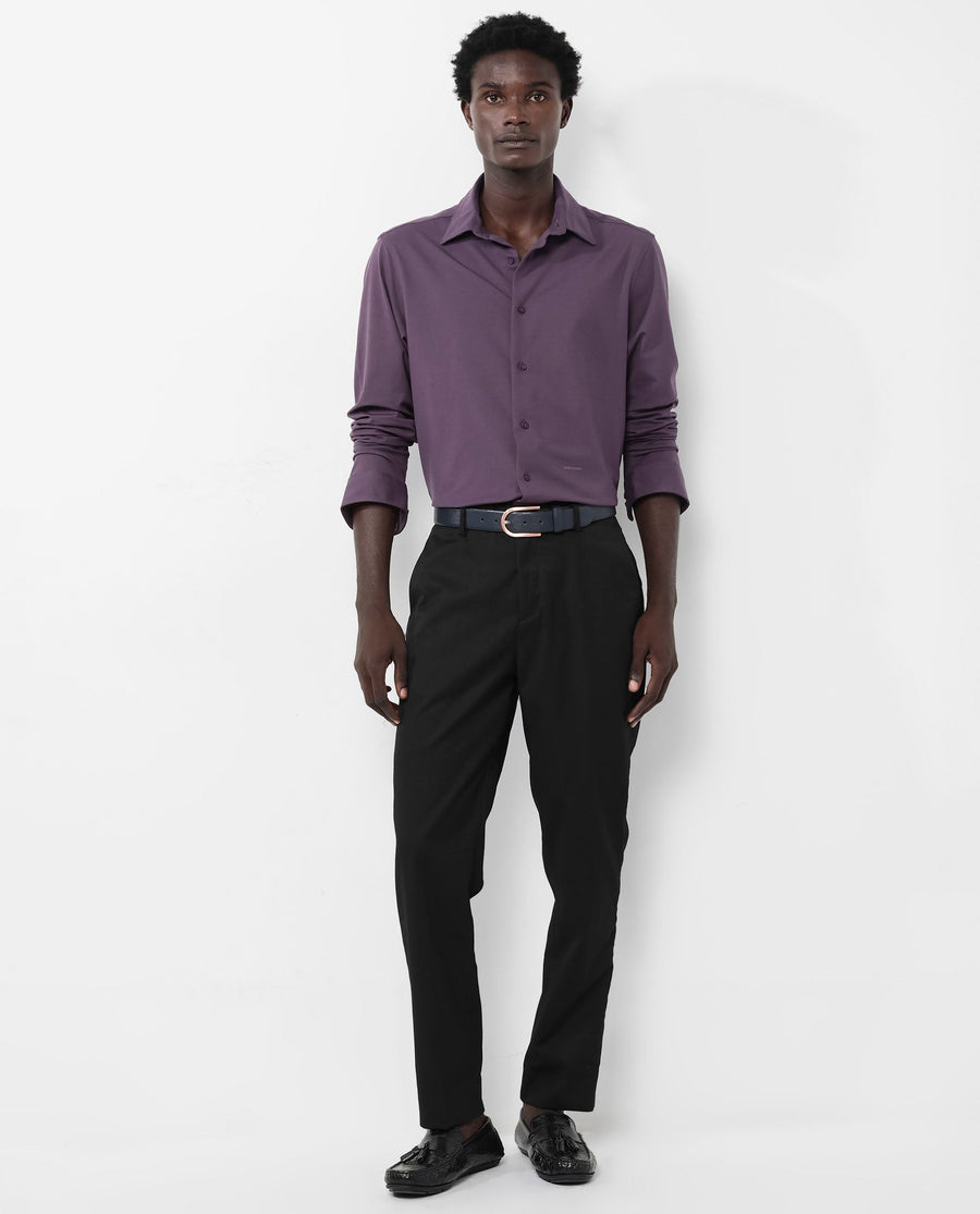 Rare Rabbit Men's Flyknit Dark Purple Cotton Plain Regular Fit Full Sleeve Collared Shirt