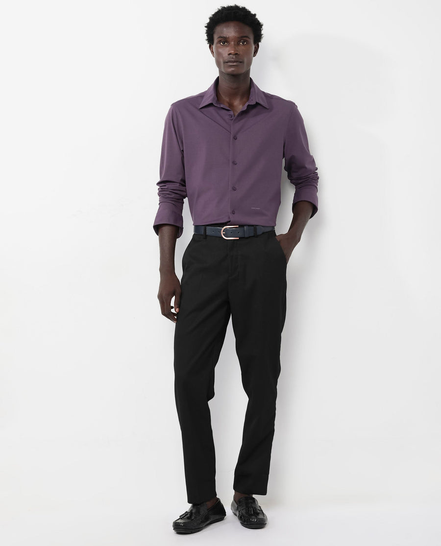 Rare Rabbit Men's Flyknit Dark Purple Cotton Plain Regular Fit Full Sleeve Collared Shirt