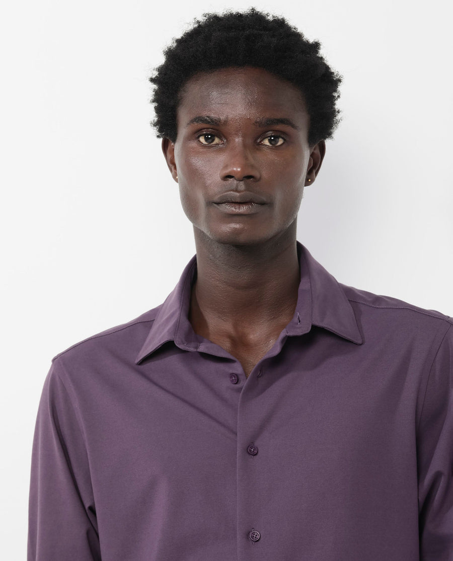 Rare Rabbit Men's Flyknit Dark Purple Cotton Plain Regular Fit Full Sleeve Collared Shirt