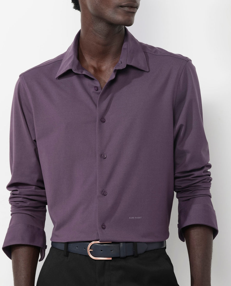 Rare Rabbit Men's Flyknit Dark Purple Cotton Plain Regular Fit Full Sleeve Collared Shirt