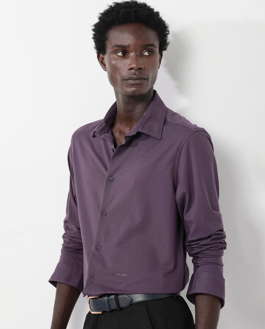 Rare Rabbit Men's Flyknit Dark Purple Cotton Plain Regular Fit Full Sleeve Collared Shirt