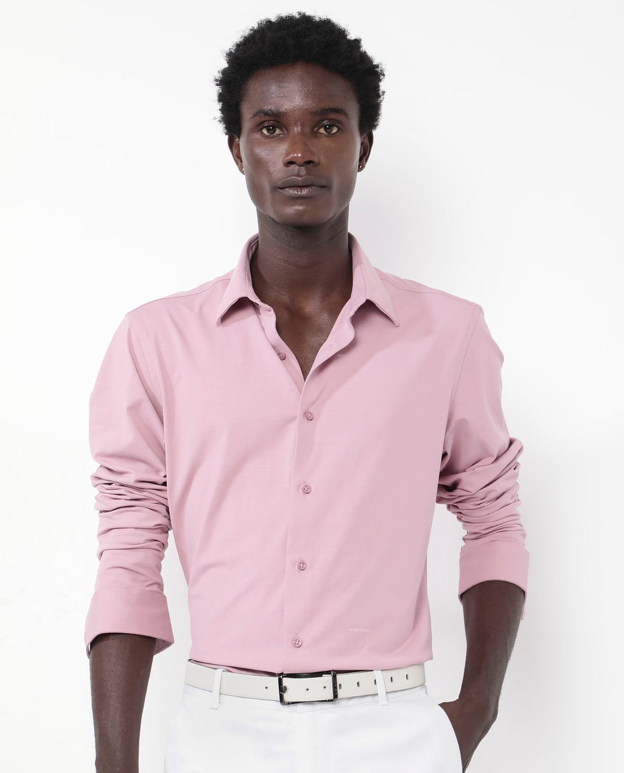 Rare Rabbit Men's Flyknit Dusky Pink Cotton Plain Regular Fit Full Sleeve Collared Shirt