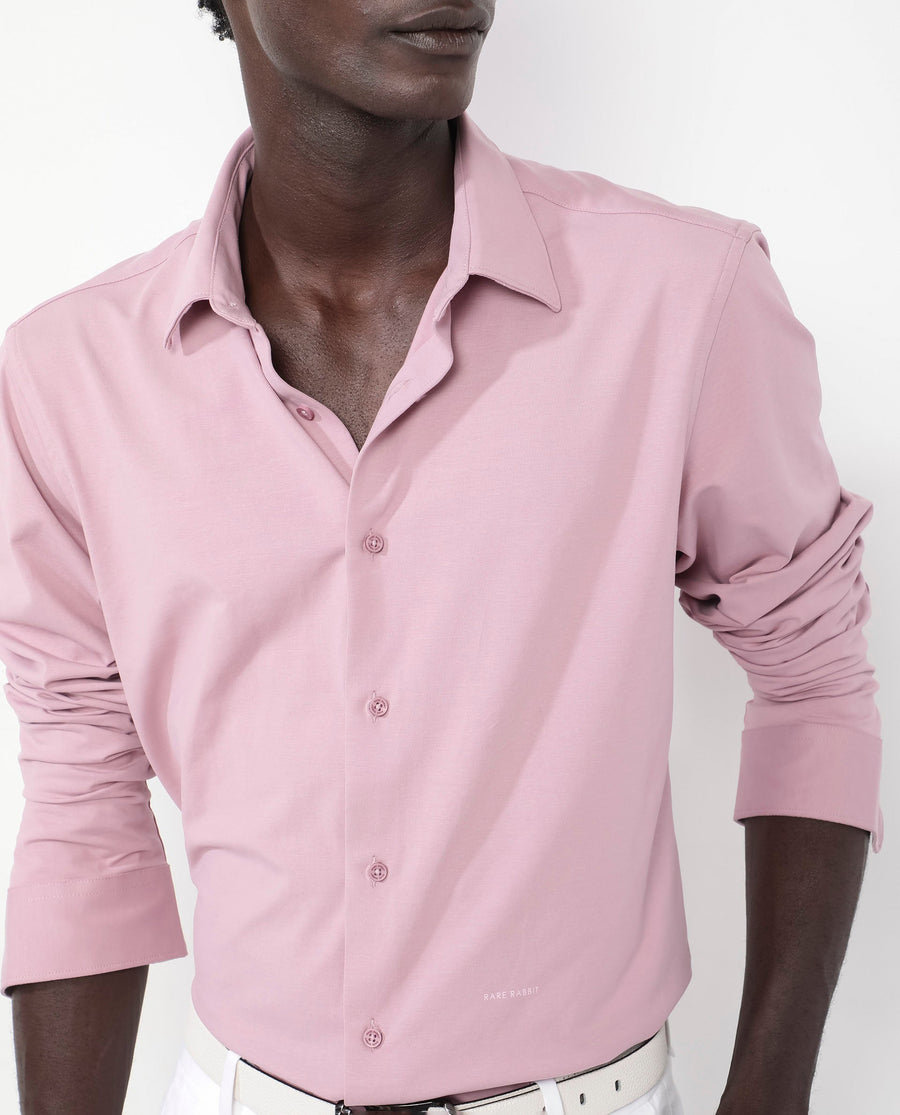 Rare Rabbit Men's Flyknit Dusky Pink Cotton Plain Regular Fit Full Sleeve Collared Shirt