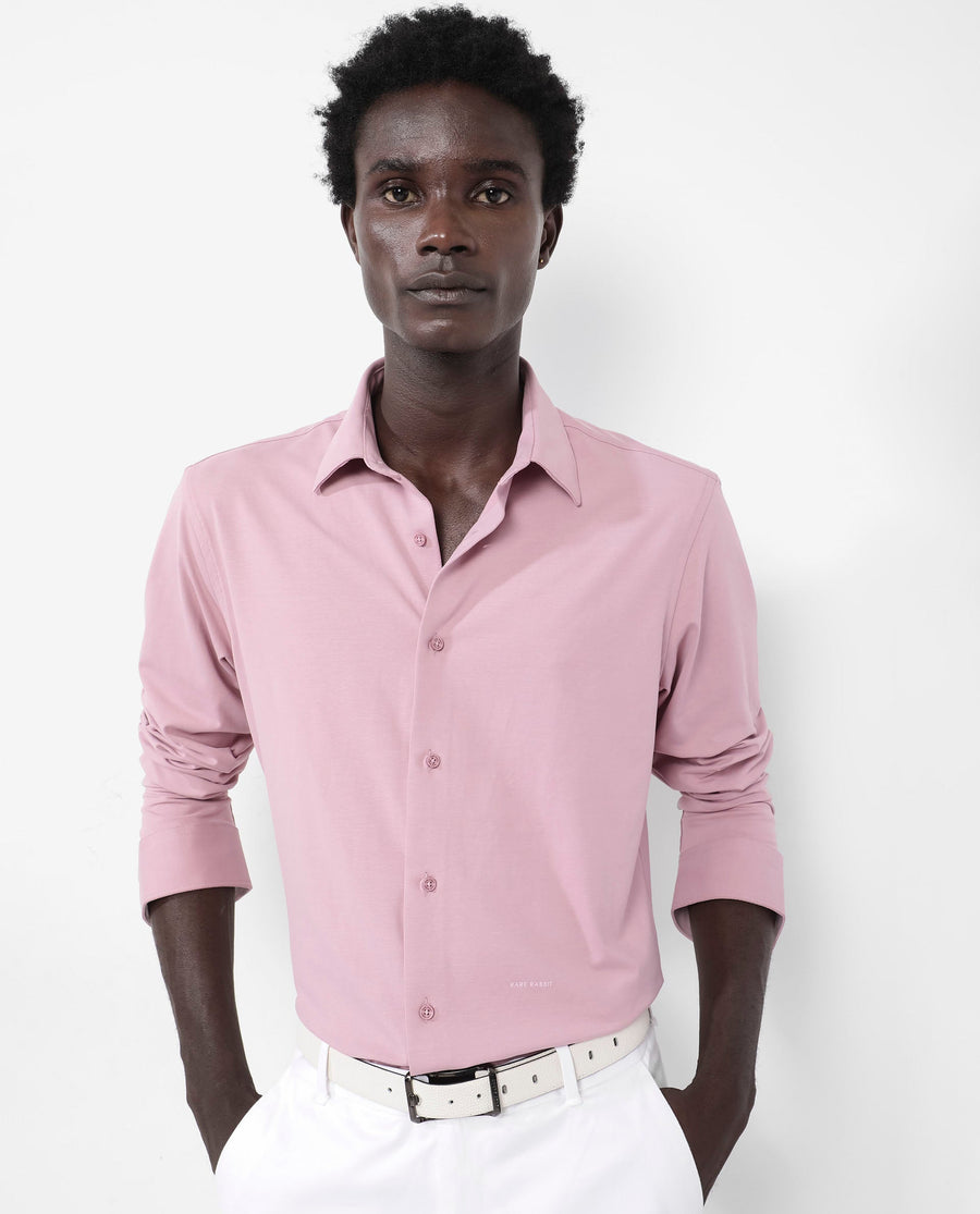 Rare Rabbit Men's Flyknit Dusky Pink Cotton Plain Regular Fit Full Sleeve Collared Shirt
