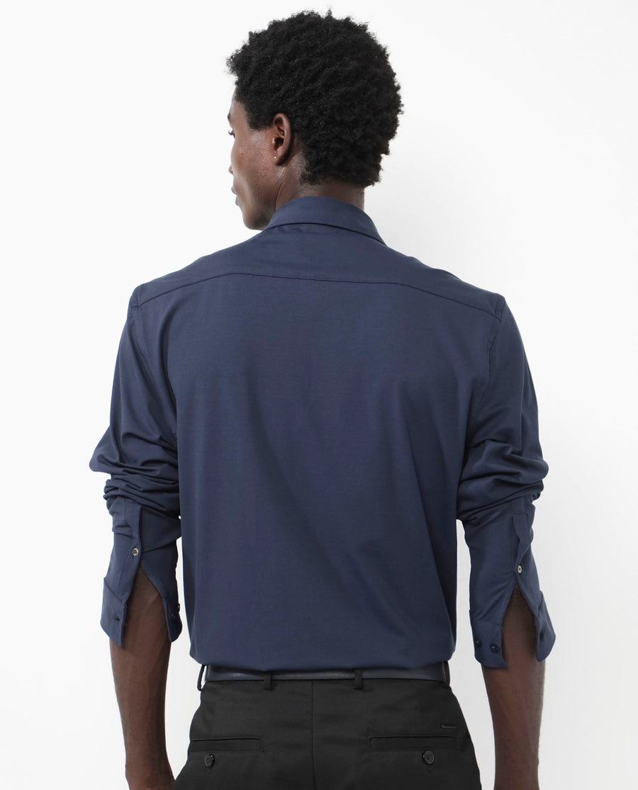 Rare Rabbit Men's Flyknit Navy Cotton Plain Regular Fit Full Sleeve Collared Shirt