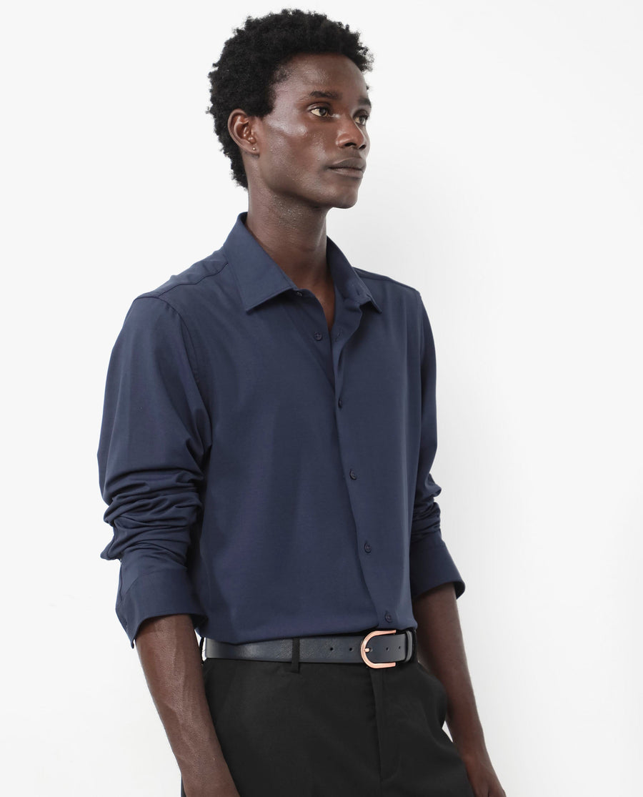 Rare Rabbit Men's Flyknit Navy Cotton Plain Regular Fit Full Sleeve Collared Shirt
