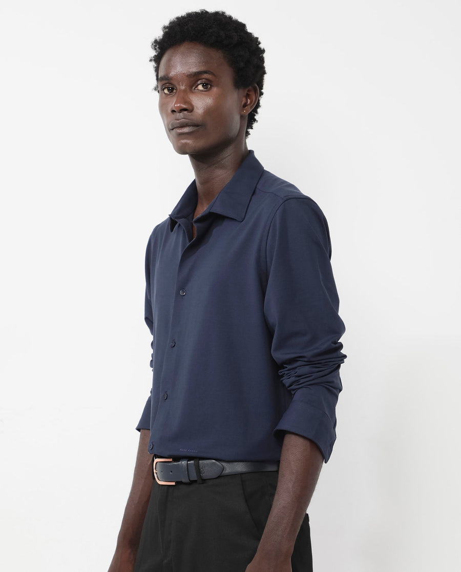 Rare Rabbit Men's Flyknit Navy Cotton Plain Regular Fit Full Sleeve Collared Shirt