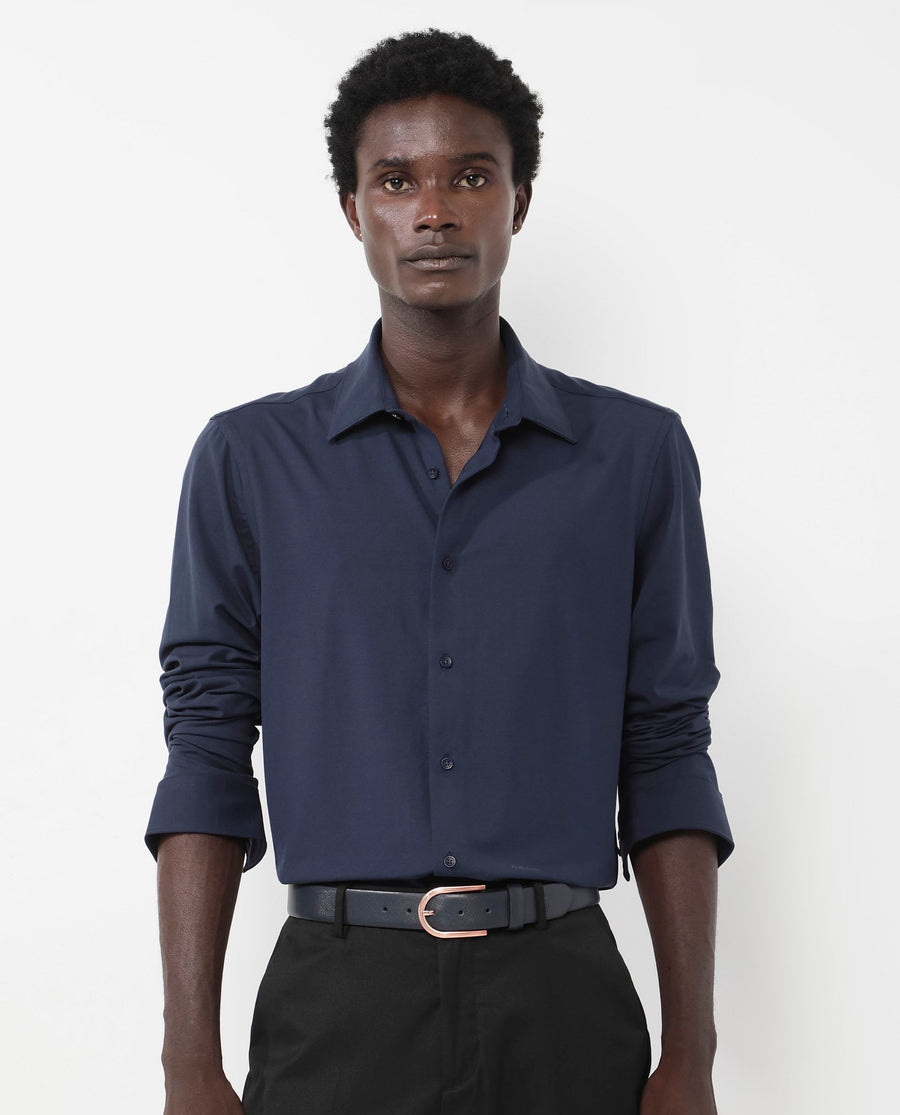 Rare Rabbit Men's Flyknit Navy Cotton Plain Regular Fit Full Sleeve Collared Shirt
