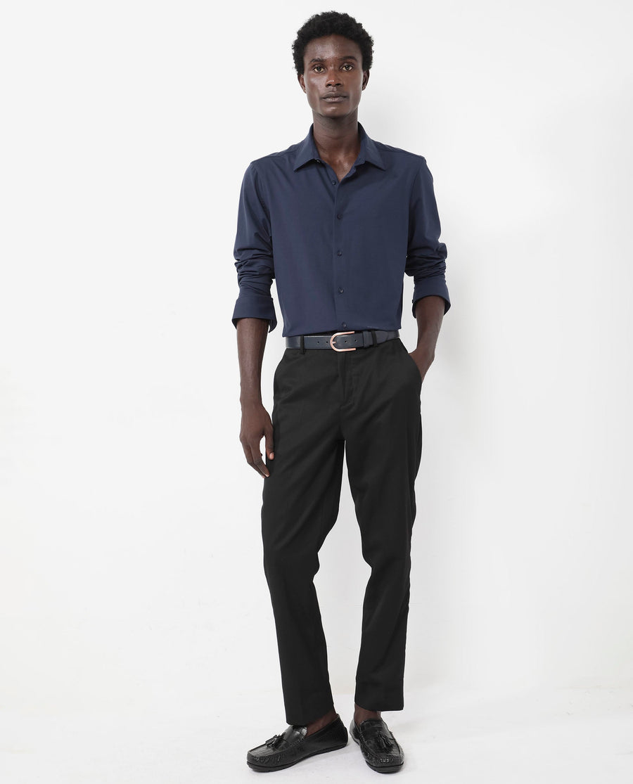 Rare Rabbit Men's Flyknit Navy Cotton Plain Regular Fit Full Sleeve Collared Shirt
