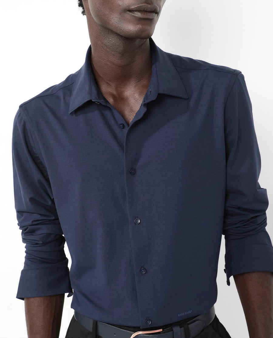 Rare Rabbit Men's Flyknit Navy Cotton Plain Regular Fit Full Sleeve Collared Shirt