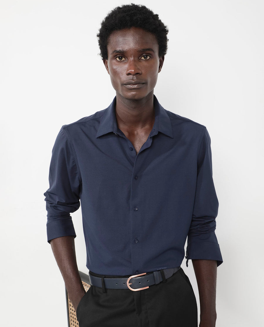 Rare Rabbit Men's Flyknit Navy Cotton Plain Regular Fit Full Sleeve Collared Shirt