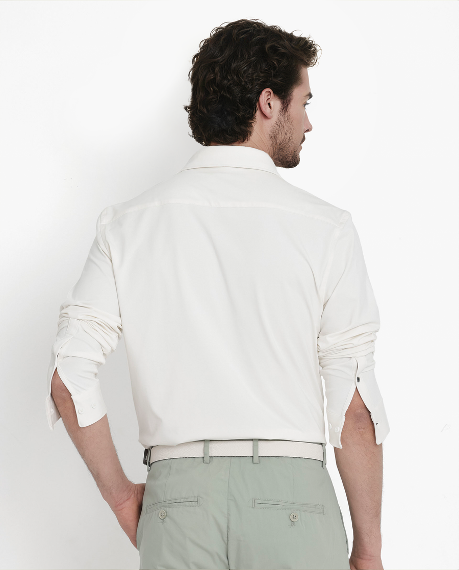 Rare Rabbit Men's Flyknit Off White Cotton Plain Regular Fit Full Sleeve Collared Shirt