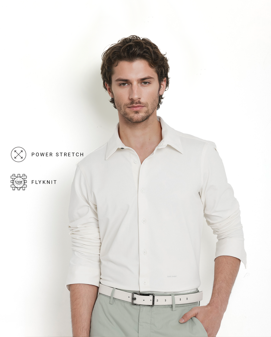 Rare Rabbit Men's Flyknit Off White Cotton Plain Regular Fit Full Sleeve Collared Shirt