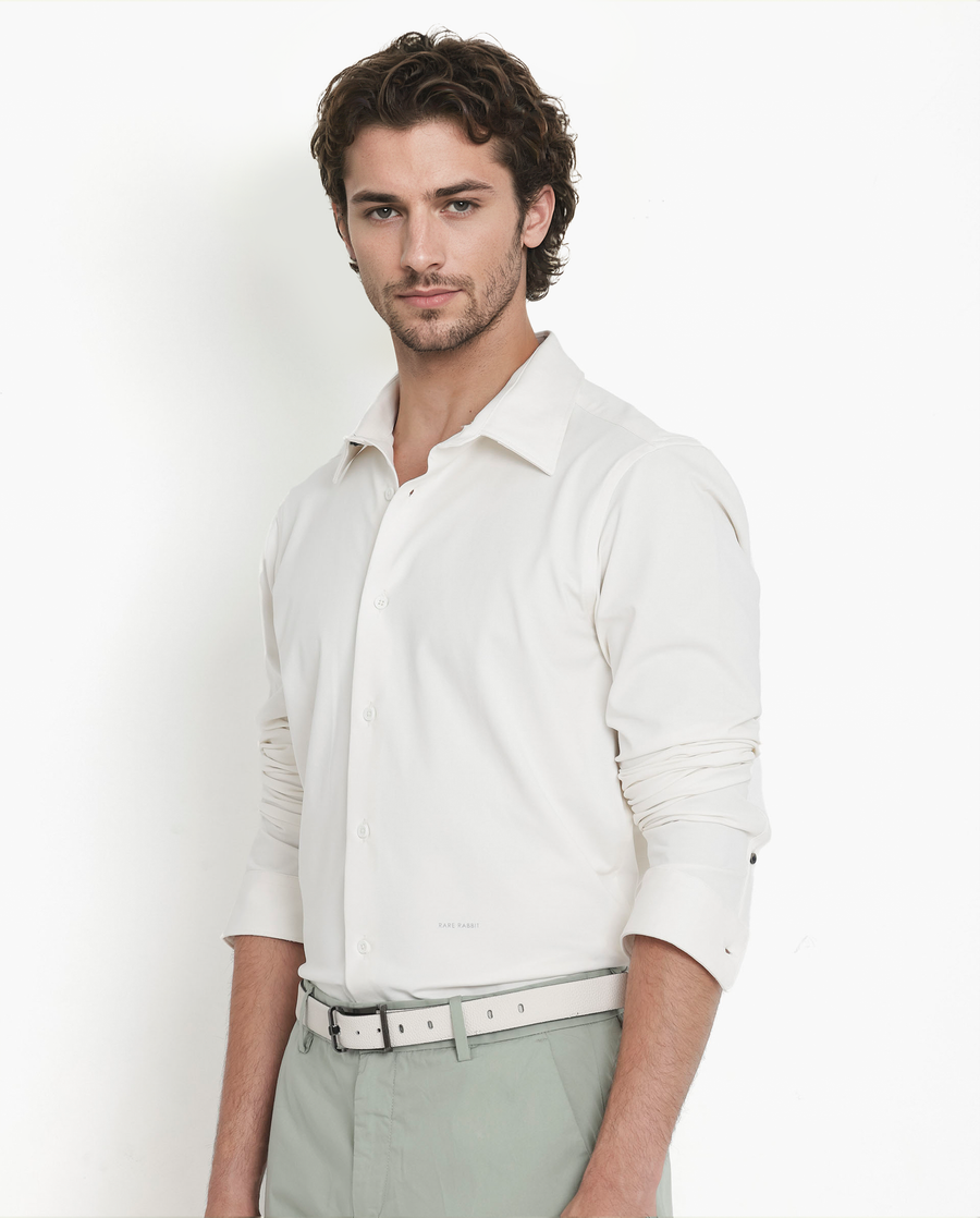 Rare Rabbit Men's Flyknit Off White Cotton Plain Regular Fit Full Sleeve Collared Shirt