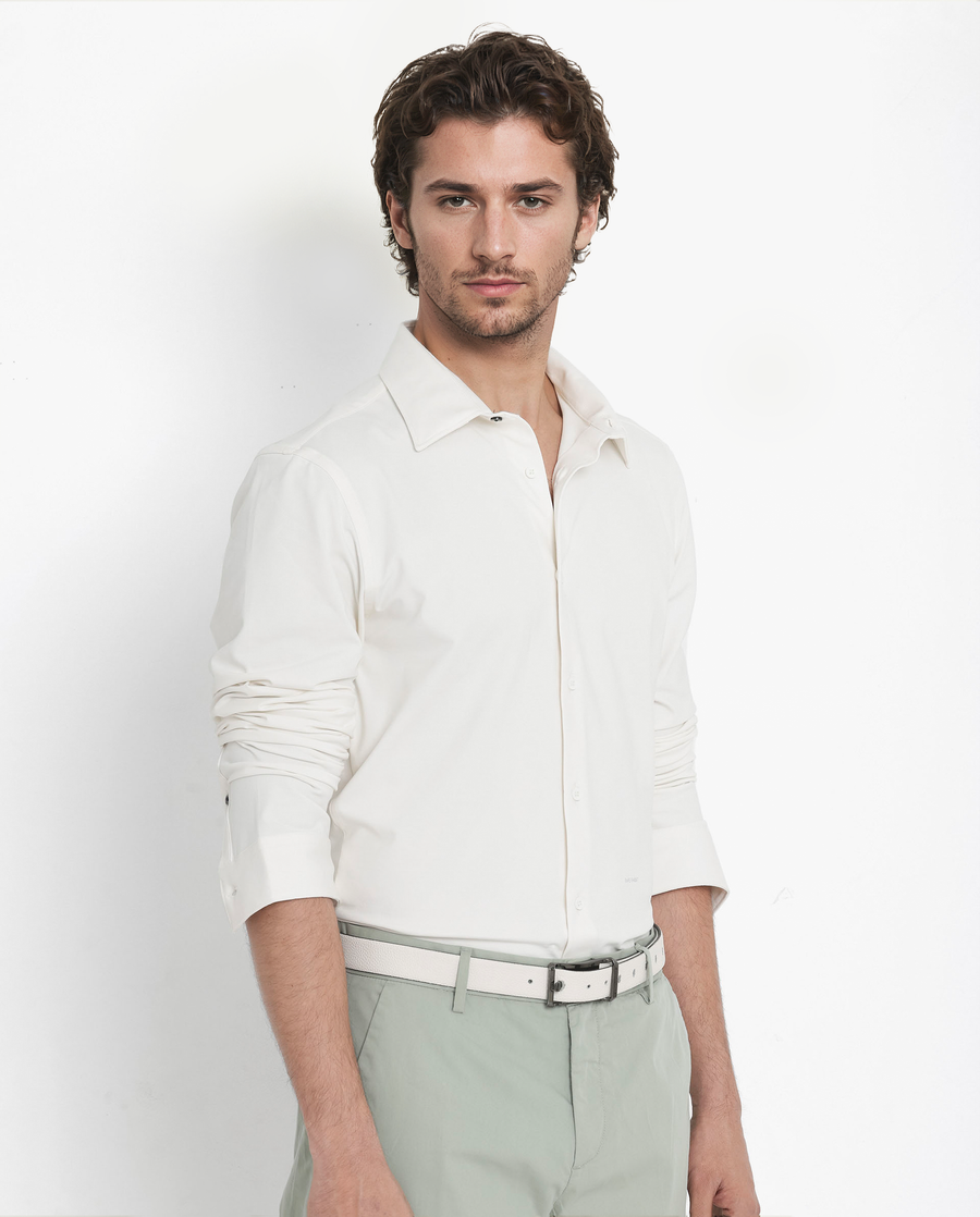 Rare Rabbit Men's Flyknit Off White Cotton Plain Regular Fit Full Sleeve Collared Shirt