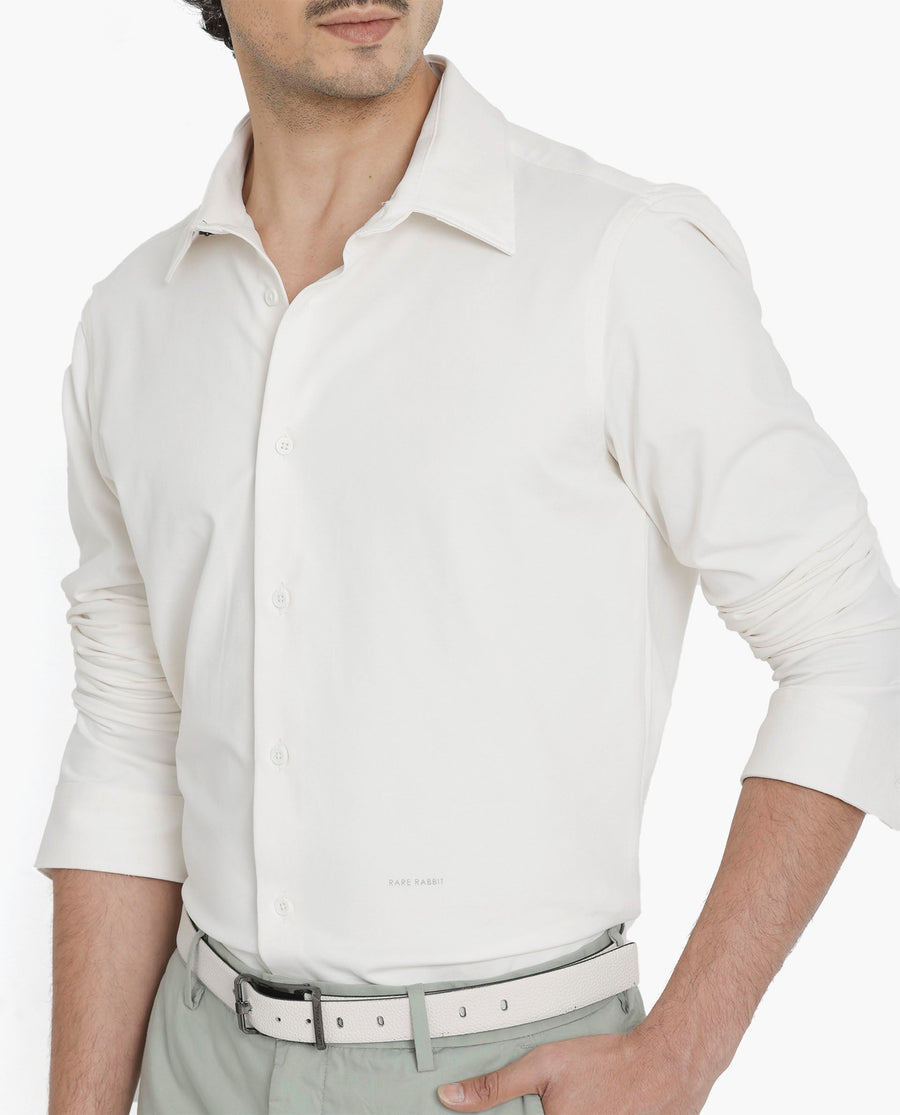 Rare Rabbit Men's Flyknit Off White Cotton Plain Regular Fit Full Sleeve Collared Shirt