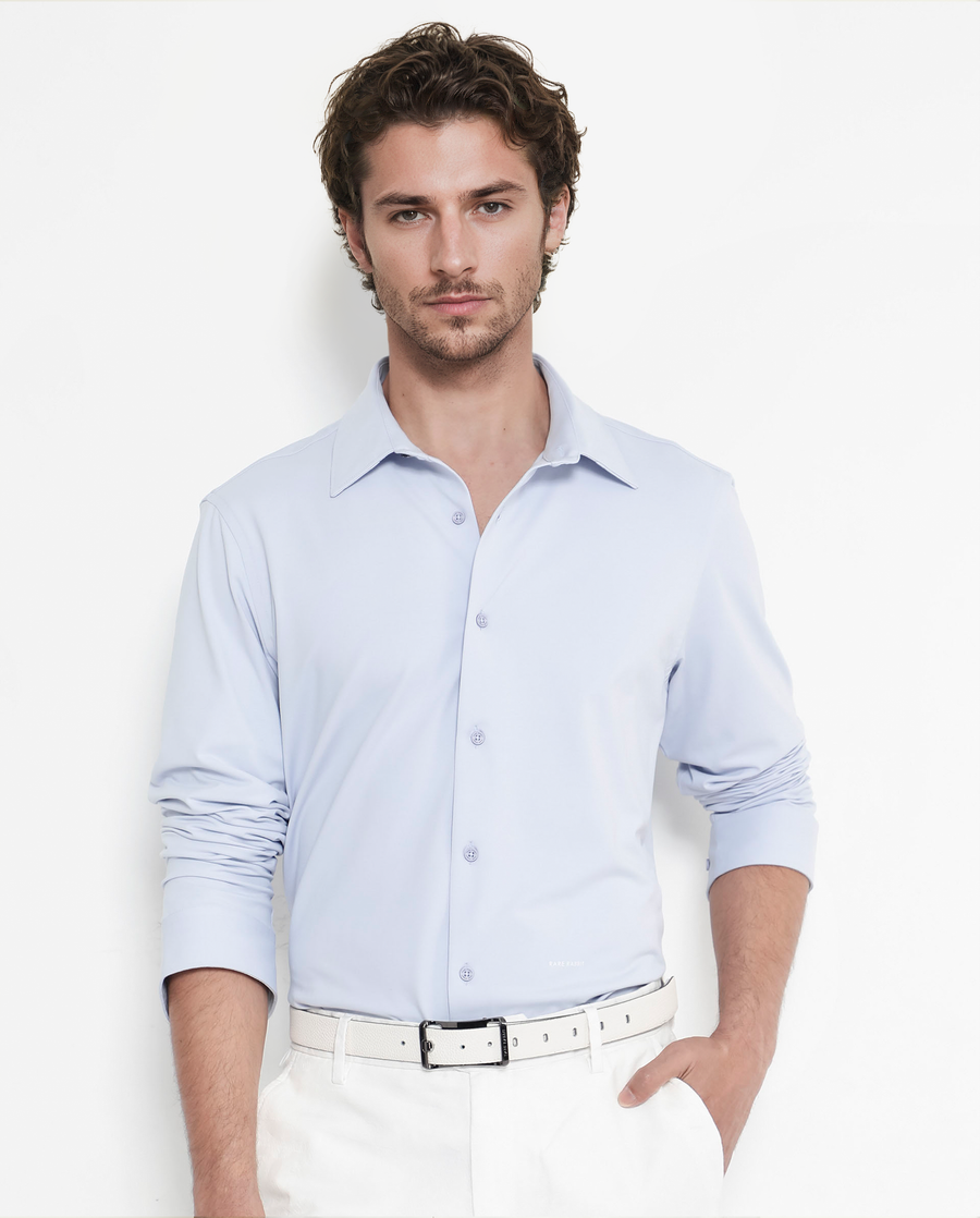 Rare Rabbit Men's Flyknit Pastel Blue Cotton Plain Regular Fit Full Sleeve Collared Shirt