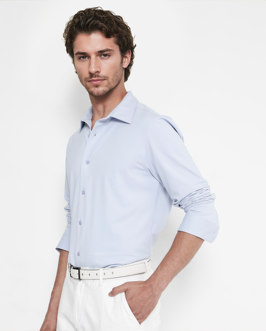 Rare Rabbit Men's Flyknit Pastel Blue Cotton Plain Regular Fit Full Sleeve Collared Shirt