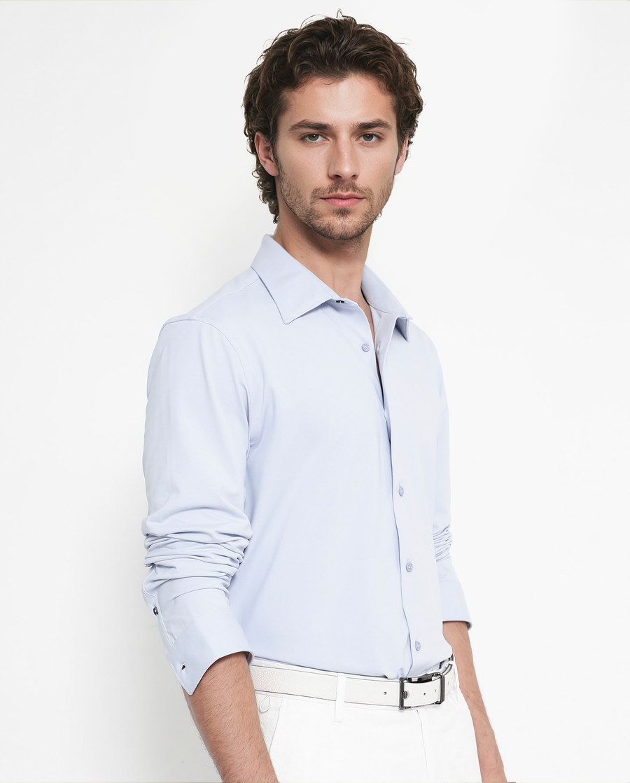 Rare Rabbit Men's Flyknit Pastel Blue Cotton Plain Regular Fit Full Sleeve Collared Shirt