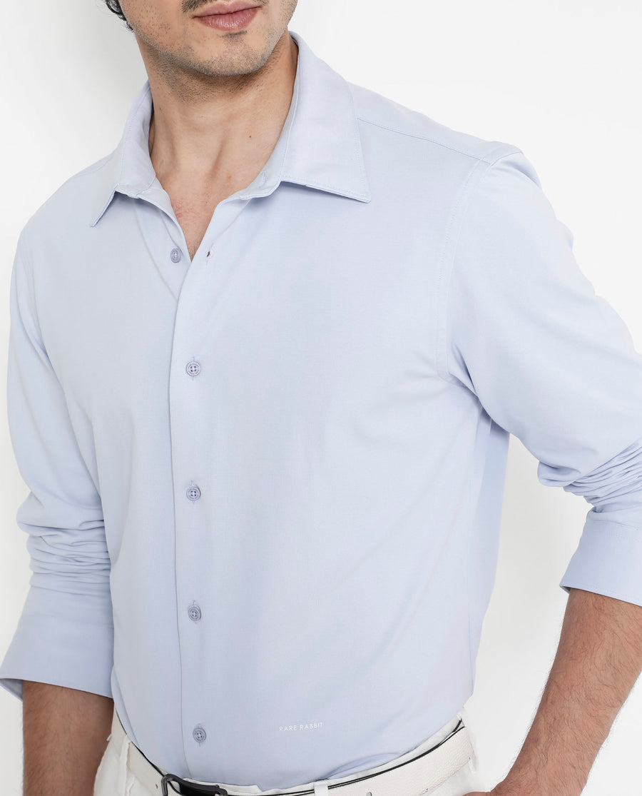 Rare Rabbit Men's Flyknit Pastel Blue Cotton Plain Regular Fit Full Sleeve Collared Shirt