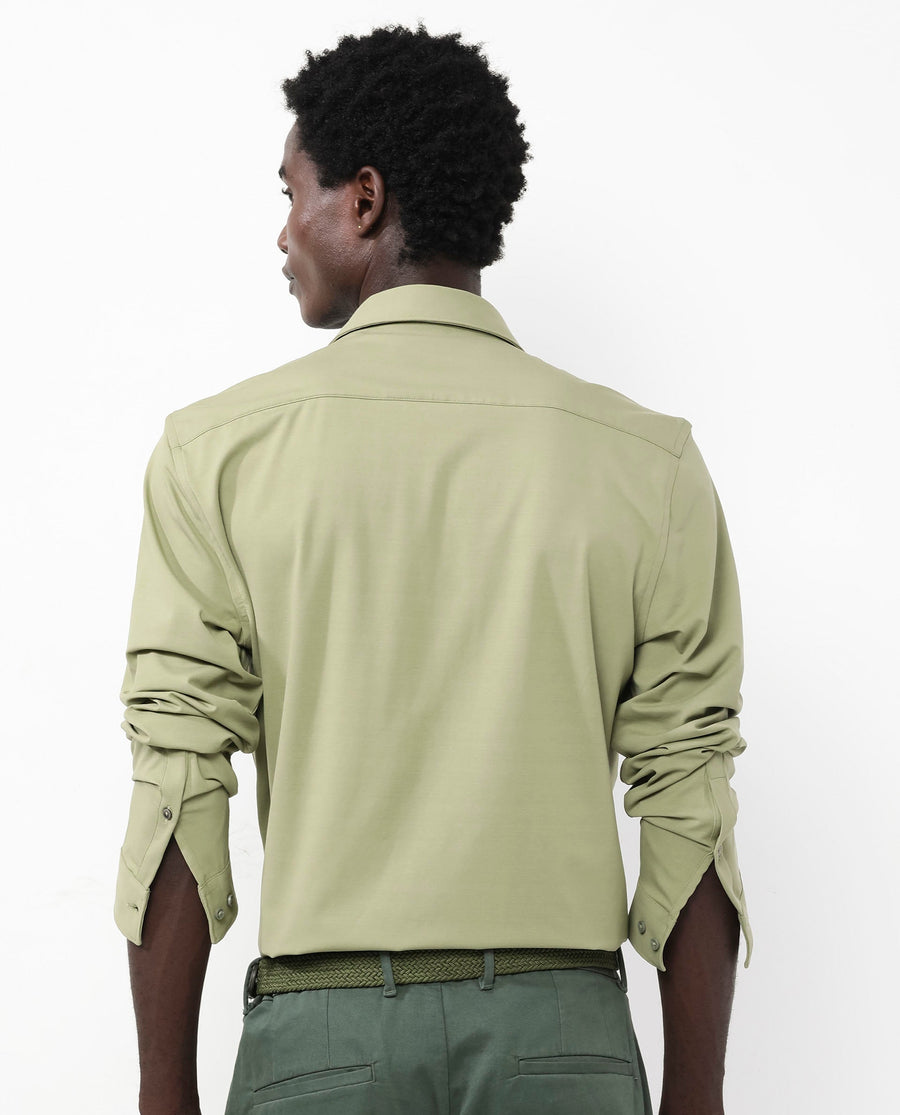 Rare Rabbit Men's Flyknit Pastel Green Cotton Plain Regular Fit Full Sleeve Collared Shirt