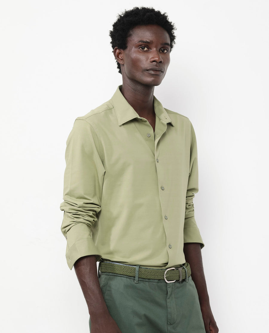 Rare Rabbit Men's Flyknit Pastel Green Cotton Plain Regular Fit Full Sleeve Collared Shirt