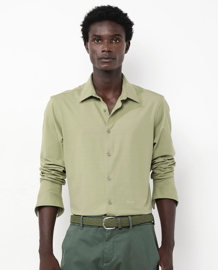 Rare Rabbit Men's Flyknit Pastel Green Cotton Plain Regular Fit Full Sleeve Collared Shirt
