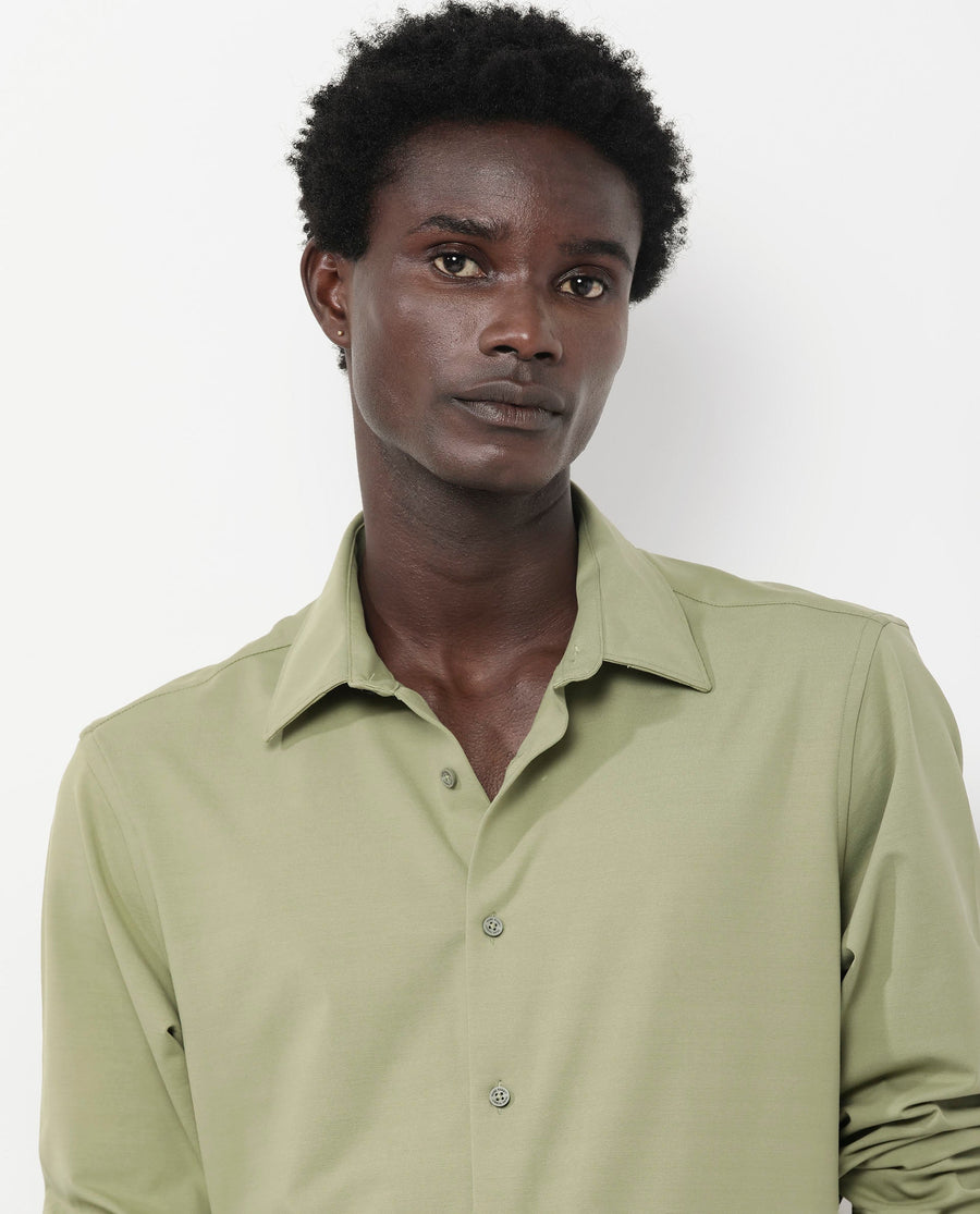 Rare Rabbit Men's Flyknit Pastel Green Cotton Plain Regular Fit Full Sleeve Collared Shirt