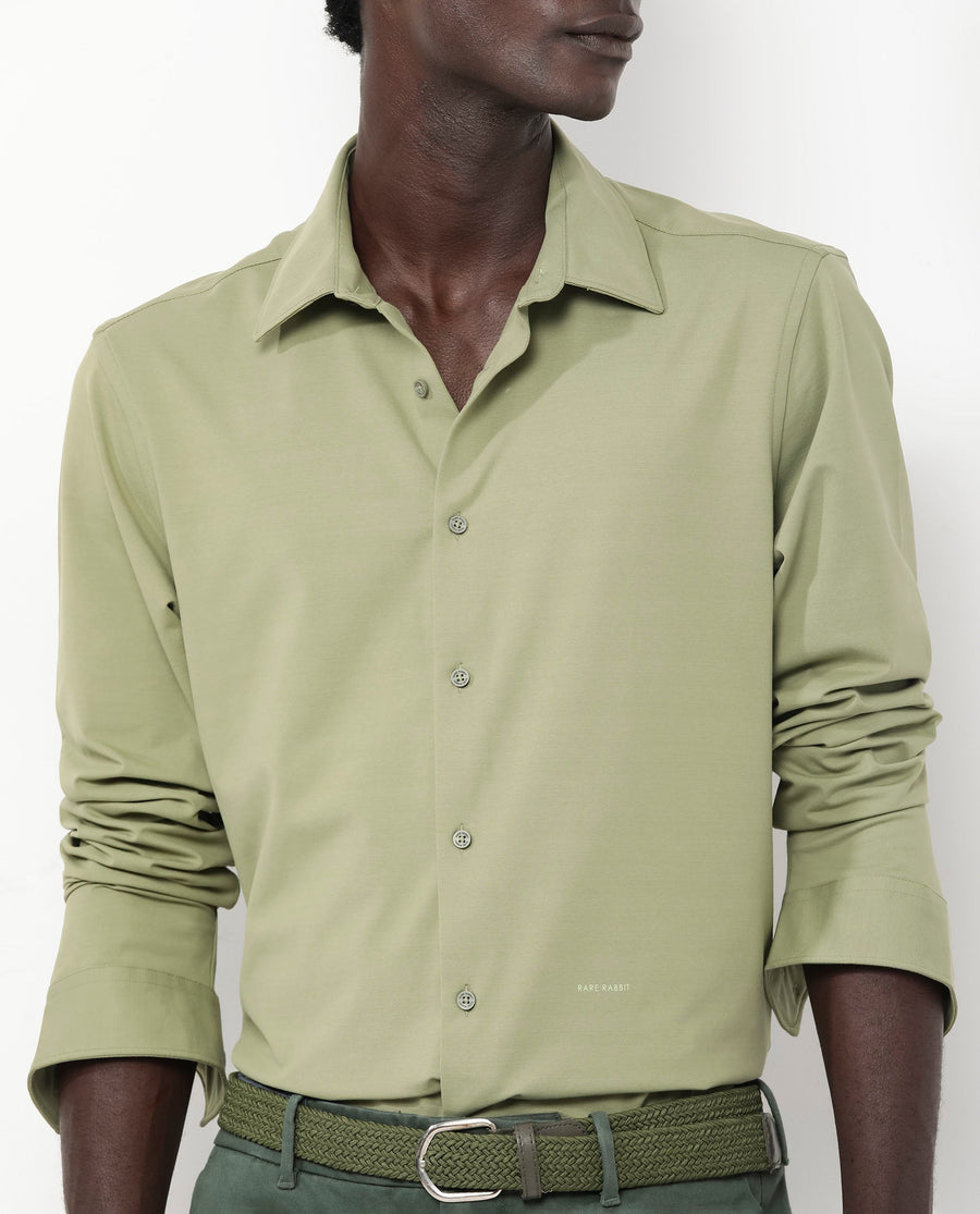 Rare Rabbit Men's Flyknit Pastel Green Cotton Plain Regular Fit Full Sleeve Collared Shirt