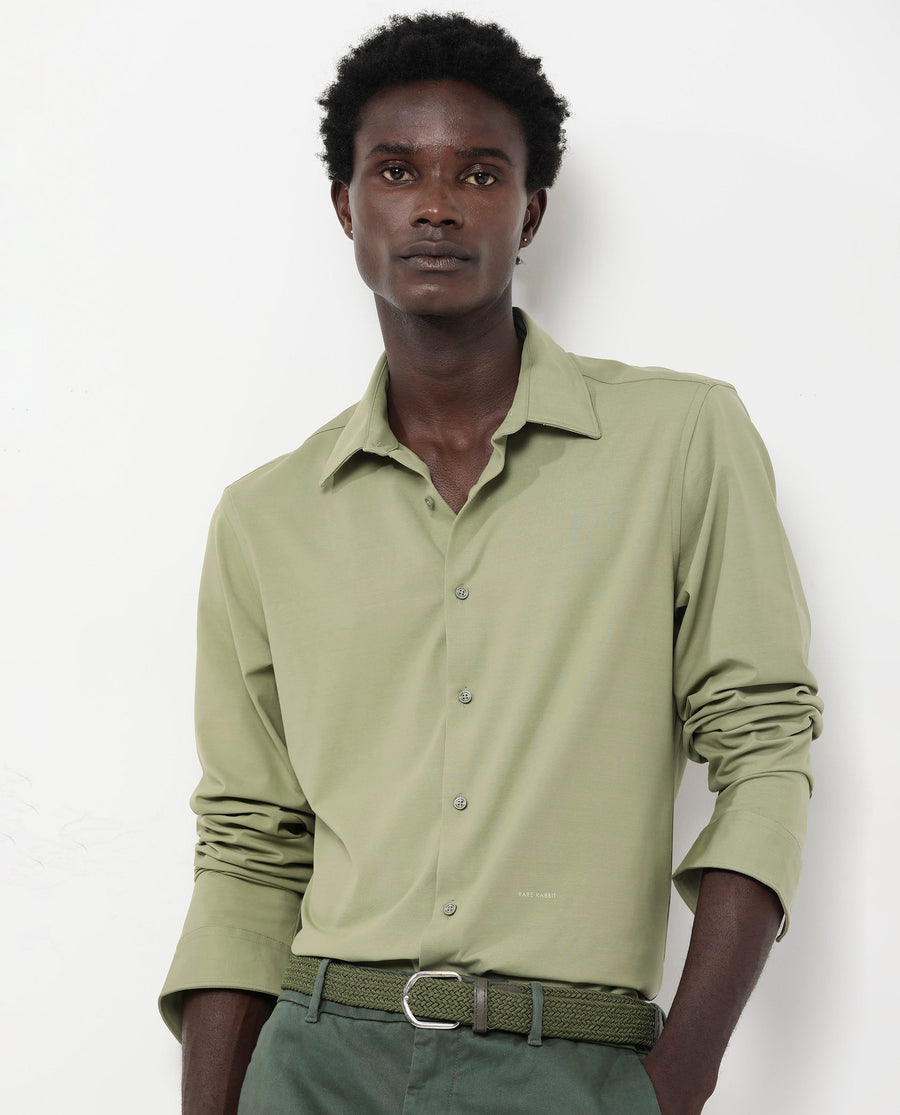 Rare Rabbit Men's Flyknit Pastel Green Cotton Plain Regular Fit Full Sleeve Collared Shirt