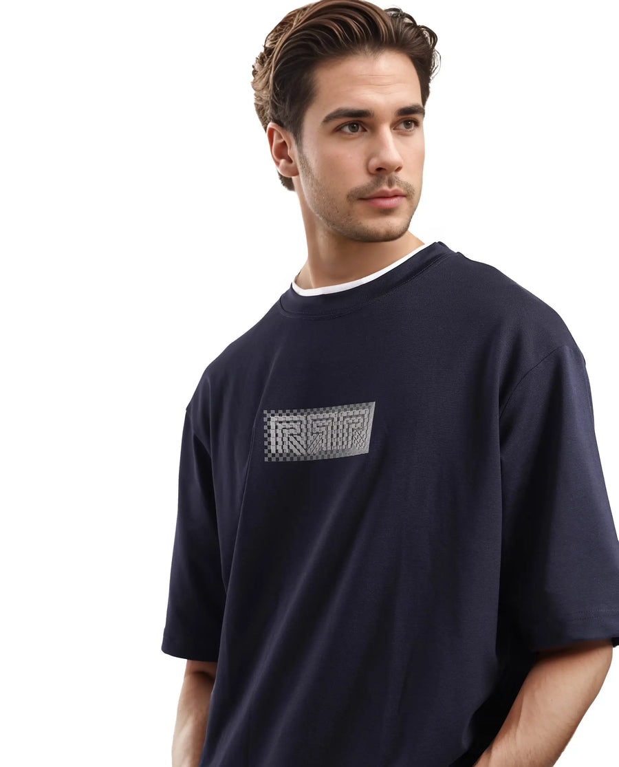 Rare Rabbit Men's Fobo Navy Cotton Blend Monogram Print Regular Fit Half Sleeve Crew Neck T-Shirt