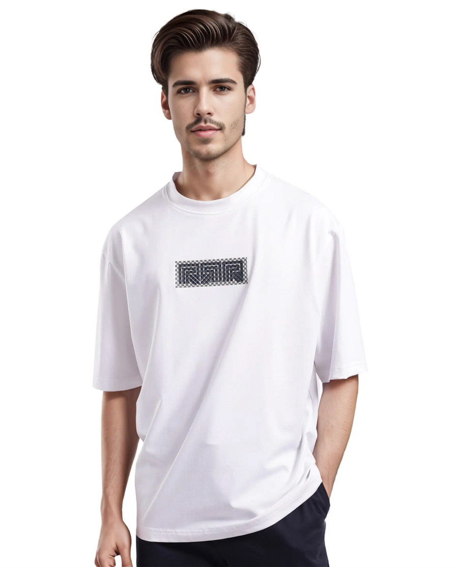Rare Rabbit Men's Fobo White Cotton Blend Monogram Print Regular Fit Half Sleeve Crew Neck T-Shirt