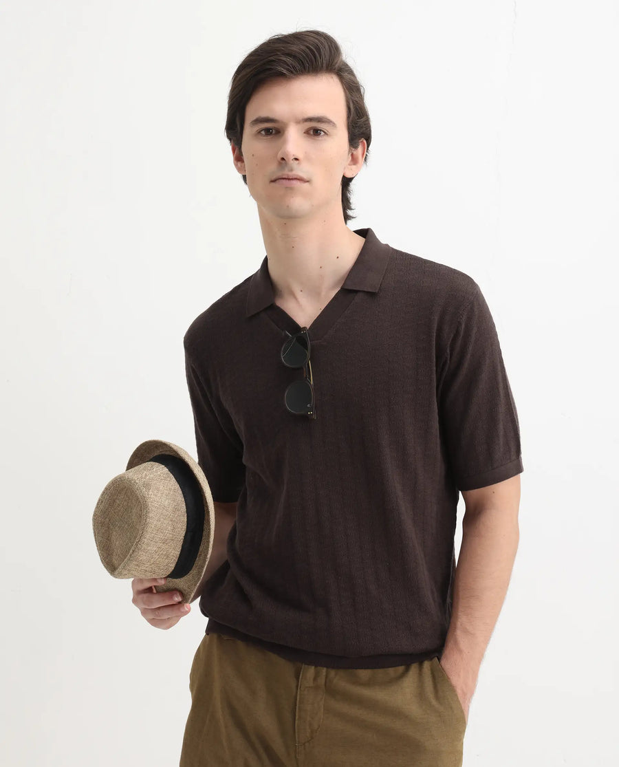 Rare Rabbit Men's Foix Brown Cotton Plain Regular Fit Half Sleeve Polo