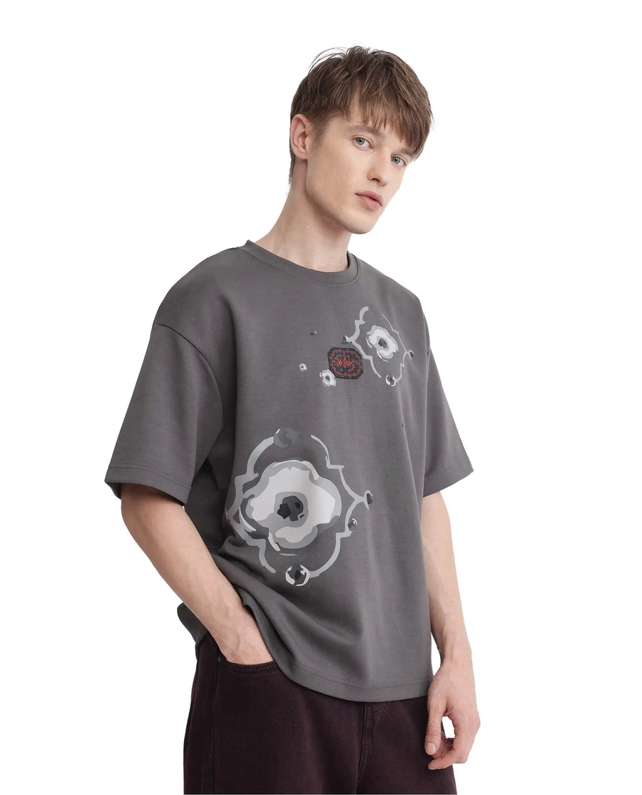 Rare Rabbit Men's Fonz Dark Grey Cotton Blend Graphic Print Oversized Fit Half Sleeve Crew Neck T-Shirt