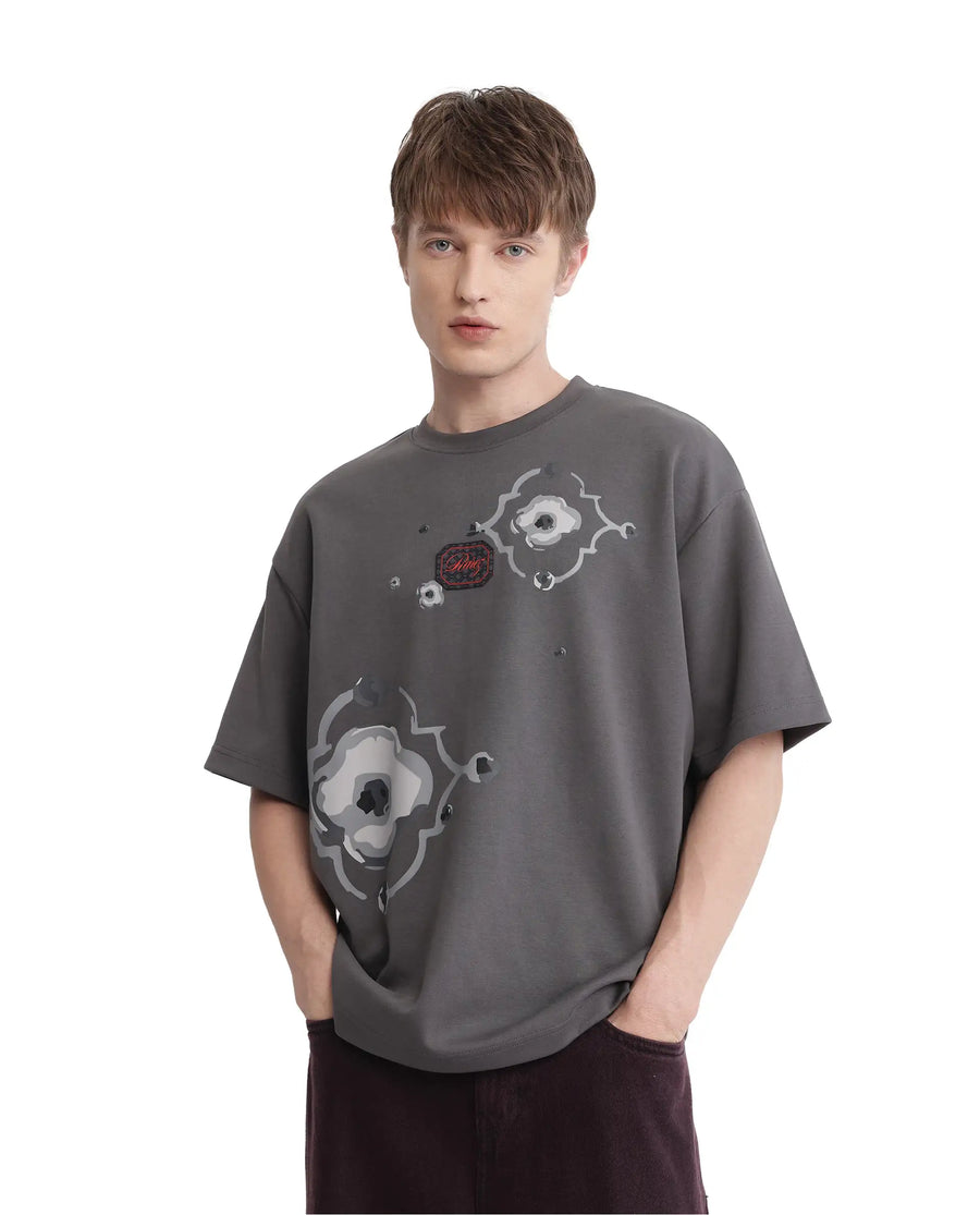 Rare Rabbit Men's Fonz Dark Grey Cotton Blend Graphic Print Oversized Fit Half Sleeve Crew Neck T-Shirt