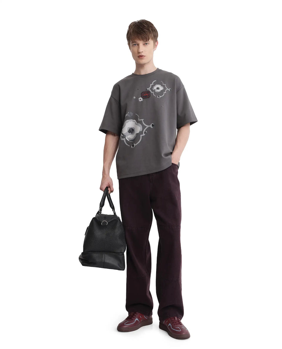Rare Rabbit Men's Fonz Dark Grey Cotton Blend Graphic Print Oversized Fit Half Sleeve Crew Neck T-Shirt