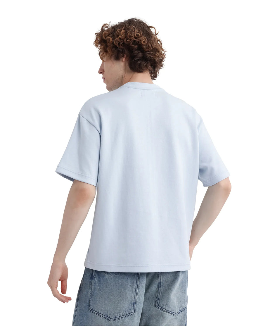 Rare Rabbit Men's Fonz Light Blue Cotton Blend Graphic Print Oversized Fit Half Sleeve Crew Neck T-Shirt