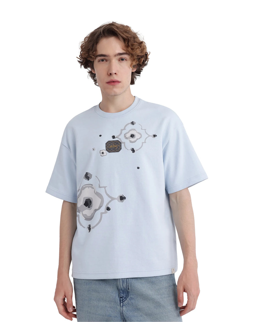 Rare Rabbit Men's Fonz Light Blue Cotton Blend Graphic Print Oversized Fit Half Sleeve Crew Neck T-Shirt