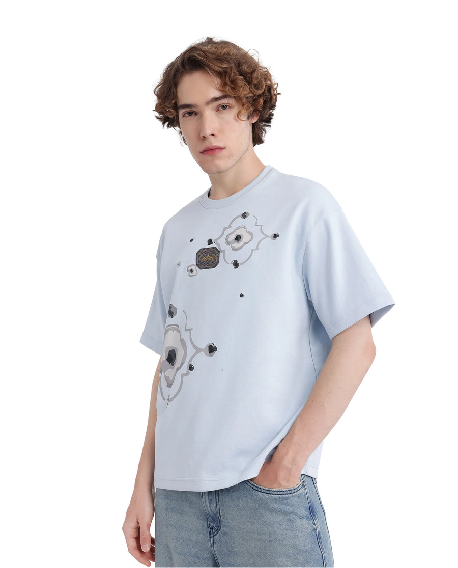 Rare Rabbit Men's Fonz Light Blue Cotton Blend Graphic Print Oversized Fit Half Sleeve Crew Neck T-Shirt