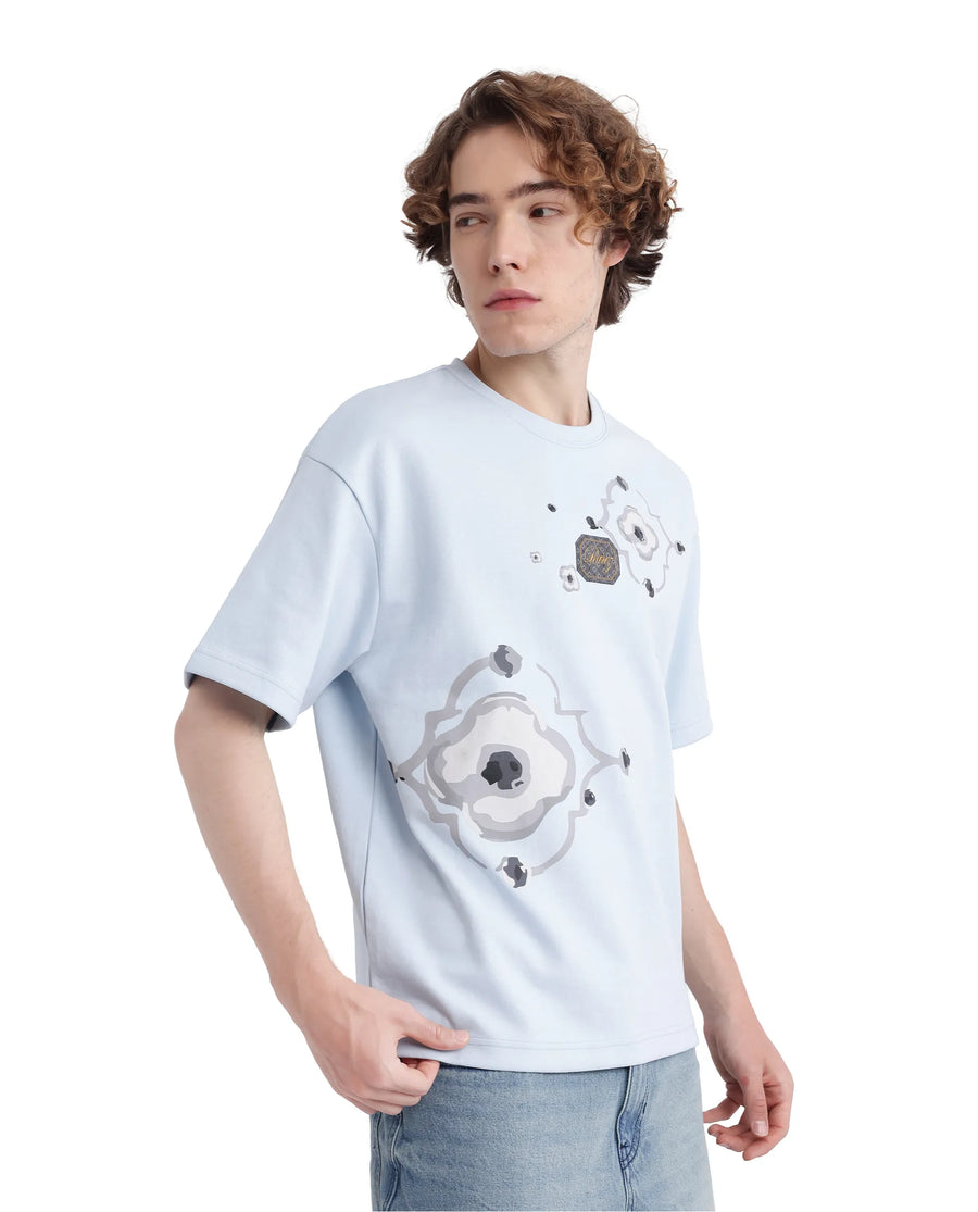 Rare Rabbit Men's Fonz Light Blue Cotton Blend Graphic Print Oversized Fit Half Sleeve Crew Neck T-Shirt