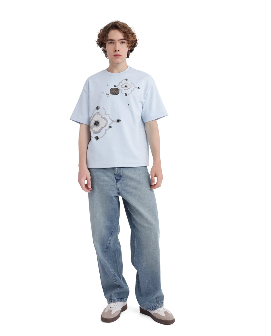 Rare Rabbit Men's Fonz Light Blue Cotton Blend Graphic Print Oversized Fit Half Sleeve Crew Neck T-Shirt