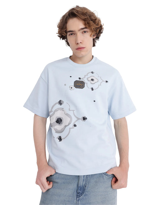 Rare Rabbit Men's Fonz Light Blue Cotton Blend Graphic Print Oversized Fit Half Sleeve Crew Neck T-Shirt