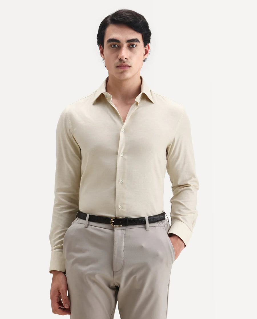 Rare Rabbit Men's Forde Off White Cotton Plain Regular Fit Full Sleeve Collared Shirt