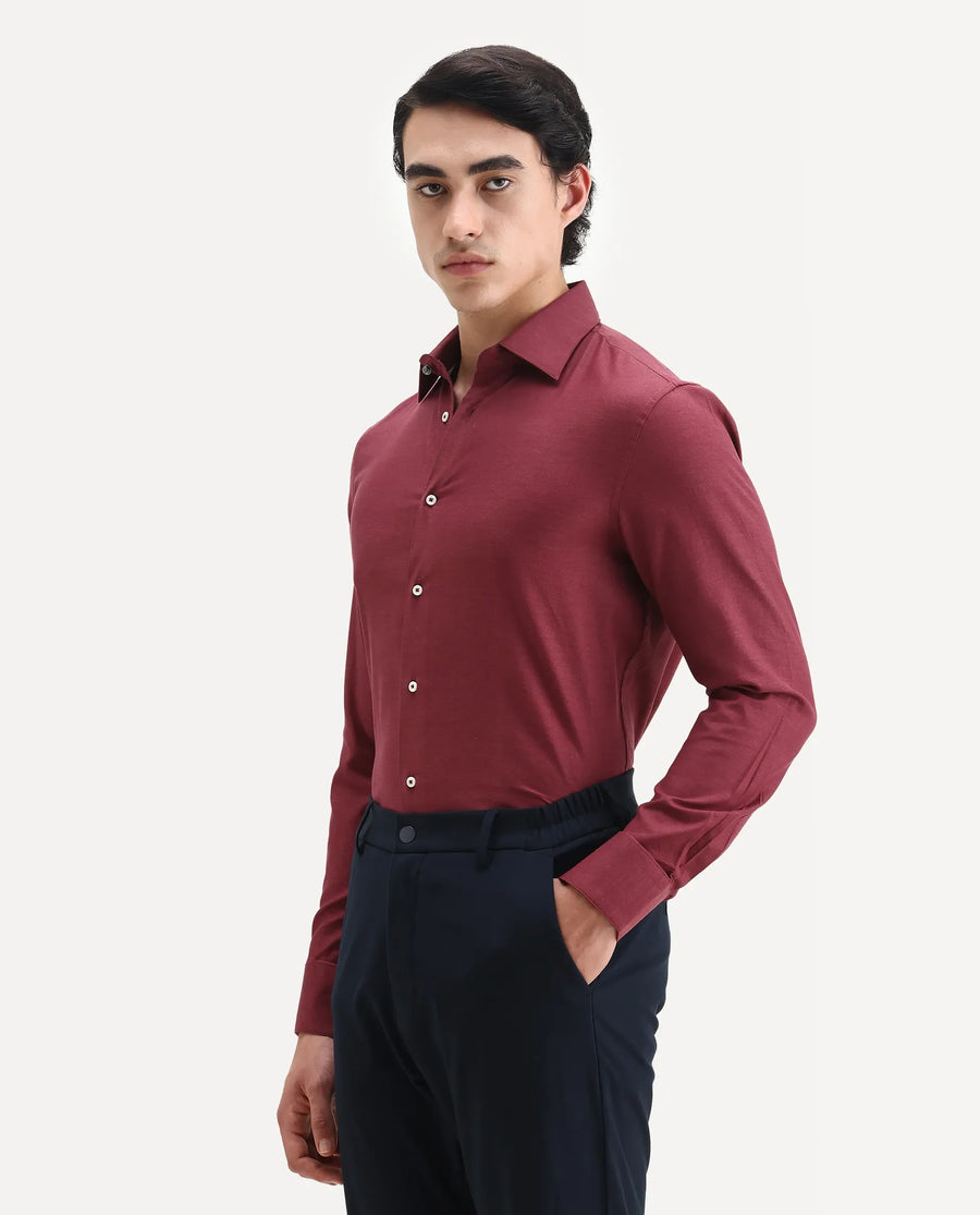 Rare Rabbit Men's Forde Red Cotton Plain Regular Fit Full Sleeve Collared Shirt